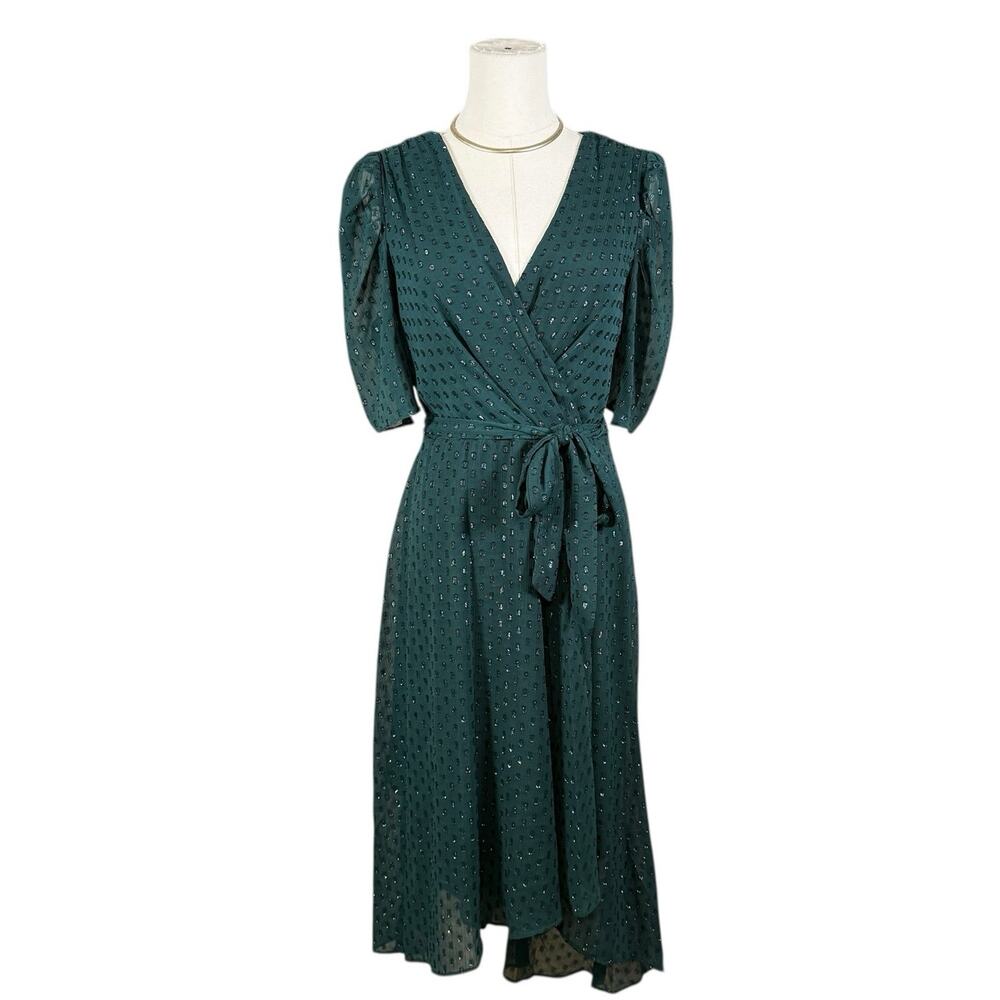 Tommy Hilfiger Green Glitter Dot Wrap Midi Dress Puff Sleeve Size 4 Romantic